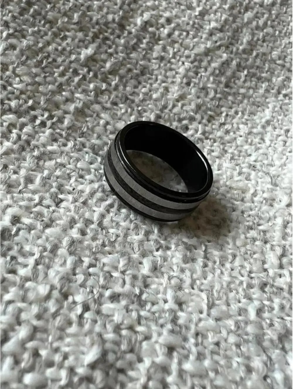 Men's Black and Silver Tone Striped Ring